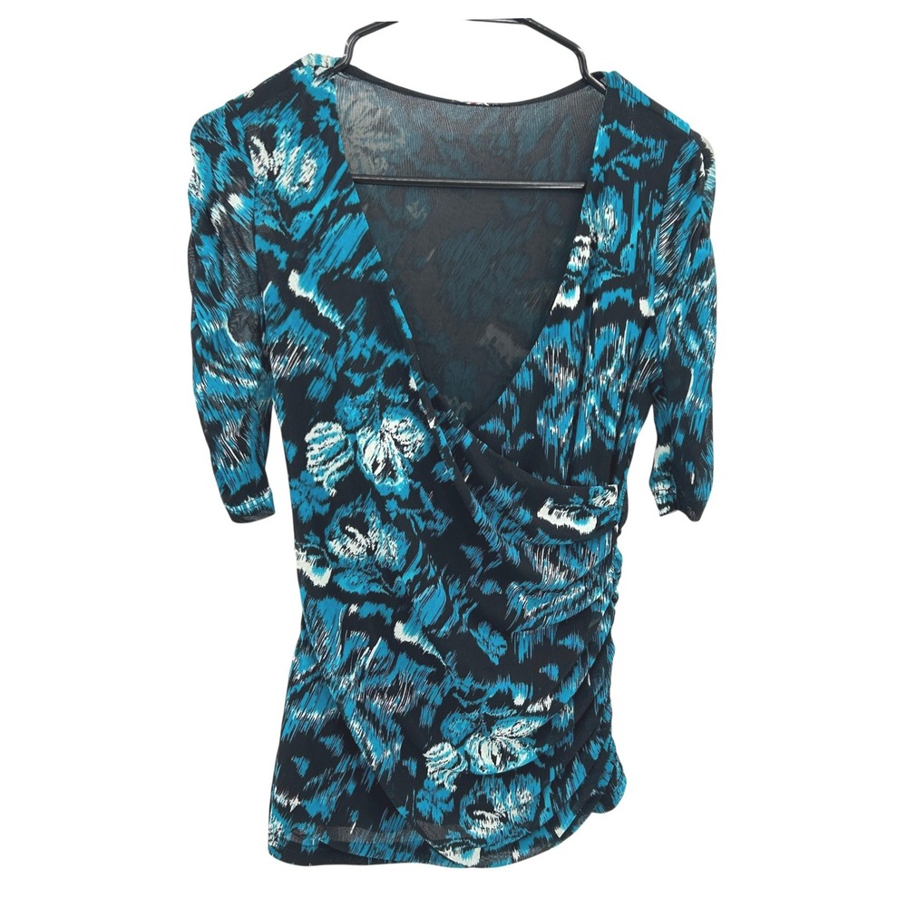 Abstract Floral Surplice Mesh‎ Ruched Top Small Blue Black Y2K Whimsigoth Artsy